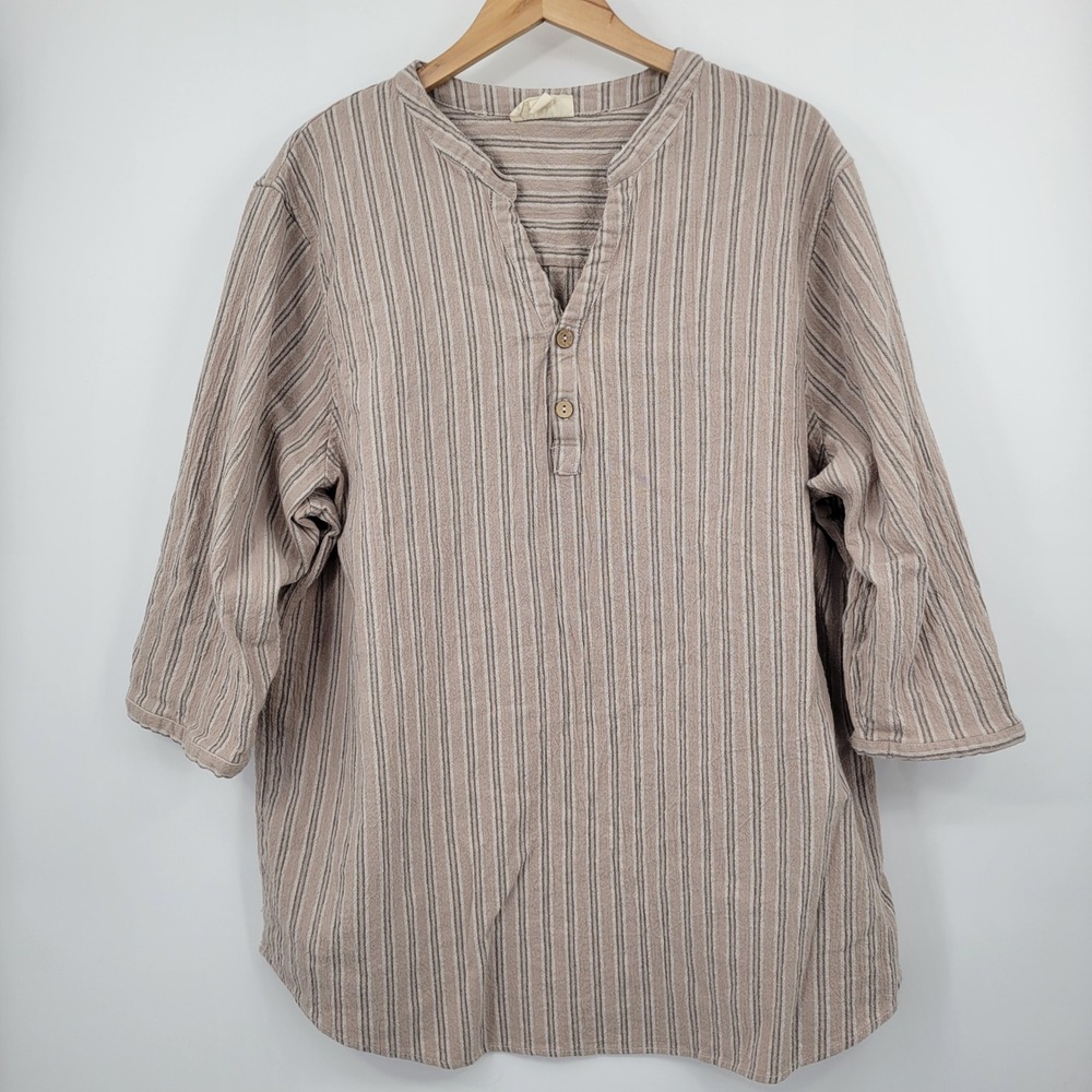 KS Island Henley Top Women 2XL Tan Striped Cotton Coastal Boho Earthy Neutral